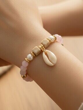 Cowrie Shell Bracelet Pink Gold Beaded Coastal Stretch Beach Vacation Jewelry